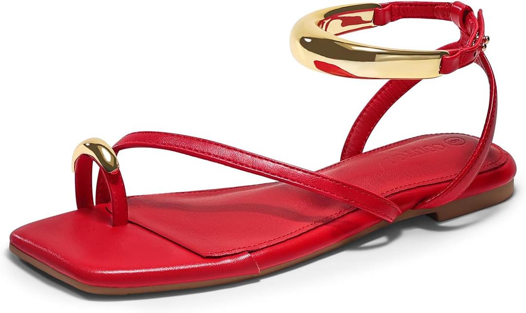 Coutgo Womens Strappy Flat Sandals Flip Flops Open Toe Ring Sandals Metal Ankle Strap Summer Beach Shoes (8.5, Red)
