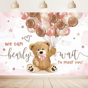 We Can Bearly Wait Backdrop 7Wx5H Feet Bear Baby Shower Girls Pink Brown Balloons Cartoon Cute Clouds Stars Polyester Fabric Newborn Photography Backgrounds Photo Shoot Decor Props Decoration