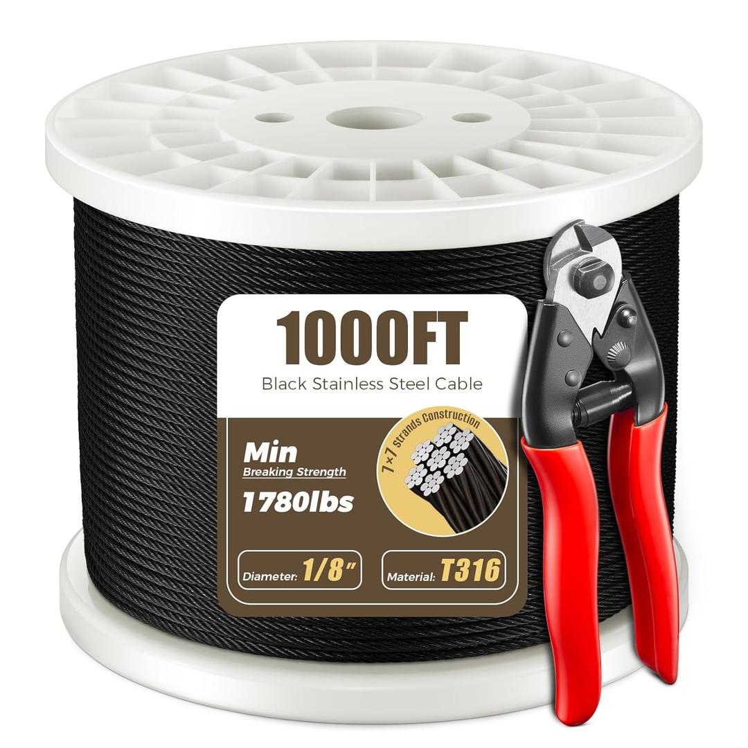 WAYSKA 1000FT 1/8" T316 Black Stainless Steel Cable, Black Wire Rope Aircraft Cable for Indoor Outdoor Cable Railing Stair Deck Fencing, 7x7 Strands Construction, DIY Balustrades, Comes with a Cutter