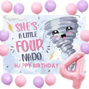 Fournado Birthday Party Decorations for Girls Tornado 4th Birthday Party Supplies Four Nado Banner for Girls 4th Decor Balloons (Pink)