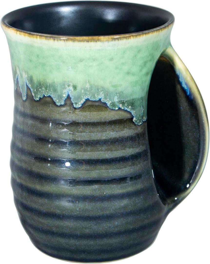 Hand Warmer Mug,18 Oz Handmade Pottery Hand Warming Coffee Mug Large with Pocket Right Handed (Grey/Green)