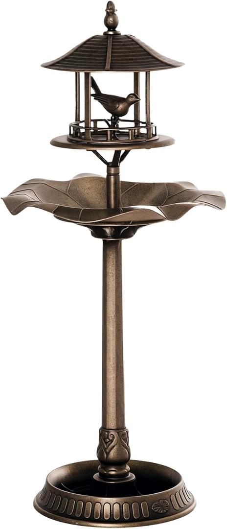 Outsunny 3-in-1 Garden Bird Bath Bowl Pedastal with Bird Feeder, Large Water Basin, & Underneath Flower Planter (Antique Gold (Bronze))