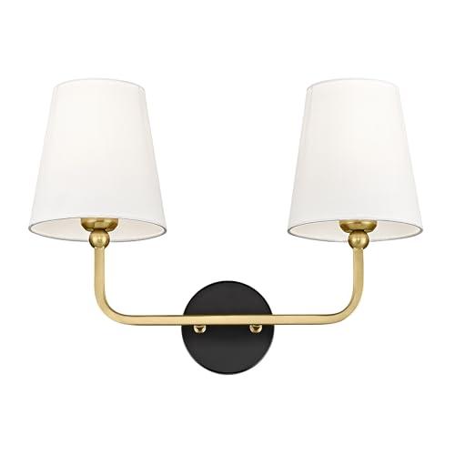METWET 2-Light Bathroom Light Fixtures, Black and Gold Vanity Lights, Double Wall Sconce with Flared White Fabric Shade, Modern Sconces Wall Lighting for Hallway Bedroom Stairway, VL837-KG-2