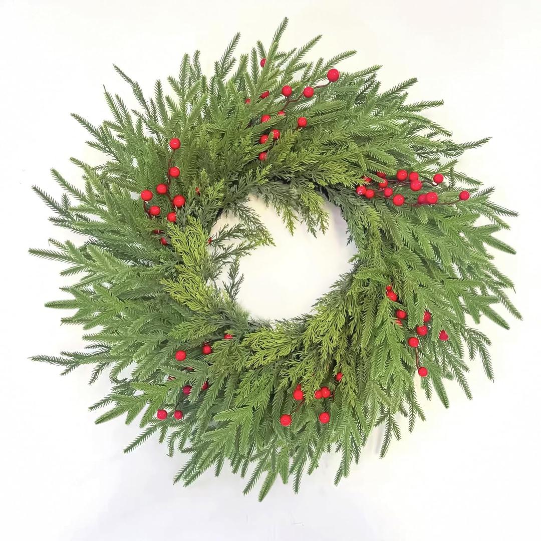26 inch Large Norfolk Pine Christmas Wreaths for Front Door, Artificial Christmas Wreath with Red Berries for Outdoor Indoor Mantle, Wall, Window, Xmas Holiday Winter Decor