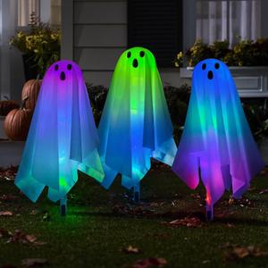 Set of 3 Halloween Pathway Markers Lights, 14.2 Inch High Plastic Ghost Lawn Garden Stakes Clear Lights for Trick or Treat Party Outdoor Waterproof Halloween Decor (Color Changing)