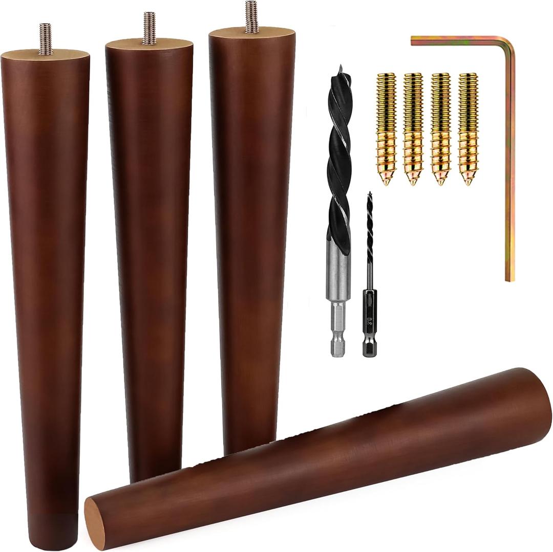 Premium Walnut Wood Furniture Legs (Full Install Kit) - Pick Your Size and Color (12 Inches, Brown)