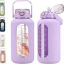 chunmo 74 oz Glass Water Bolttles with Straw Large Motivational Water Bottle with Time Marker Sports Water Bottles with Silicone Sleeve and Handle Lid 2.2L Water Jug for Gym Workout (Purple)