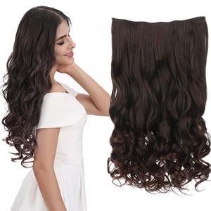 REECHO 16" 1-Pack 3/4 Full Head Curly Wavy Clips in on Synthetic Hair Extensions HE008 Hairpieces for Women 5 Clips 3.9 Oz per Piece - Dark Brown