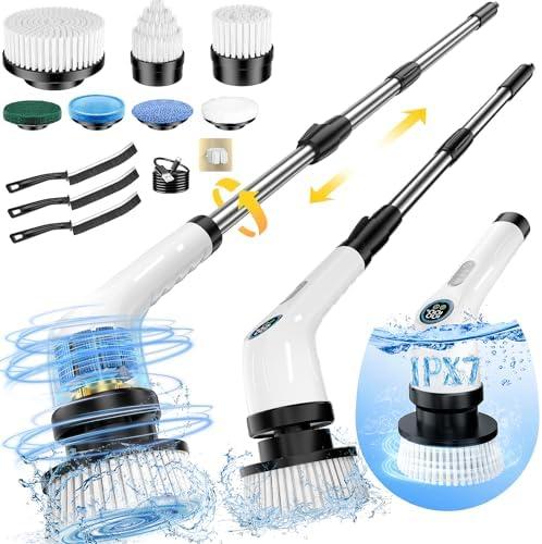 Electric Spin Scrubber, Full-Body IPX7 Waterproof Cordless Power Cleaning Brush with Adjustable Extension Handle, 2-Speed Shower Scrubber with 7 Replaceable Brush Heads for Bathroom, Kitchen Cleaning