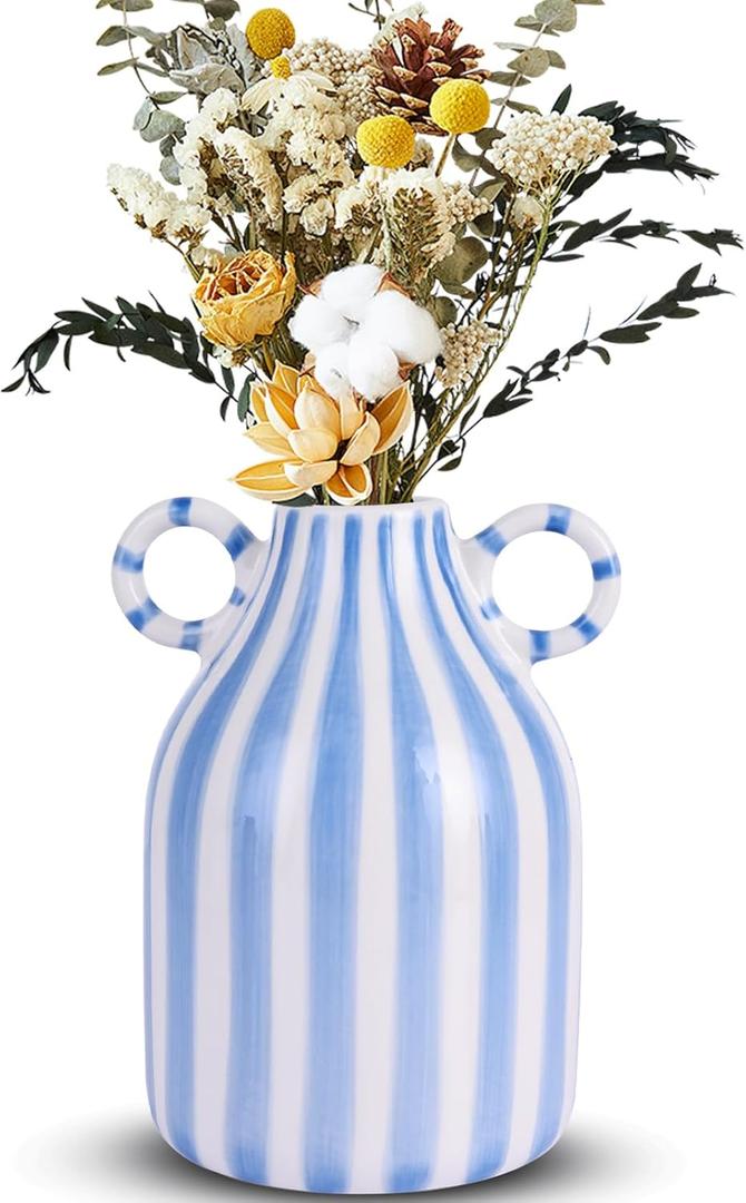 Blue and White Ceramic Vase, Mid Century Modern Striped Small Vases for Flower&Pampas Grass Centerpiece, Blue White Checkered Vase for Dining Table Kitchen Tabletop Minimalist Decorative