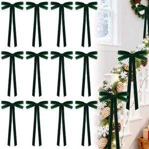 12pcs Velvet Ribbon Bows 7.9 x 17.7In Large Christmas Bow Decoration for Tree Door Wreath Garland Staircase (green)