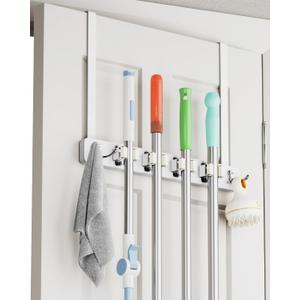 Over the Door Broom Holder, Mop and Broom Holder Door Mount, Hanging Organizer with 4 Racks & 2 Hooks, Wooden Hanger Storage Decor, Laundry Tool Organizer for Closet Garage, No Drills (White)