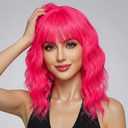 yumtaro Pastel Hot Pink Wavy Bob Wig for Women, Short Shoulder Length Synthetic Wig with Bangs, Matte Natural Realistic Look Lightweight Hairpiece, Hot Pink Color for Gift & Cosplay Costume