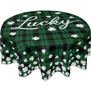 St Patricks Day Plaid Tablecloth Round 70 Inch White Green Black Buffalo Checker Lucky Clover Decorative Table Cloth Saint Patrick Holiday Farmhouse for Indoor Party Kitchen Dinner Picnic Decor