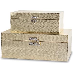 MODE HOME Set of 2 Decorative Wooden Keepsake Boxes Storage Boxes with Gold Leather and Clasp Closure Small Size Jewelry Organizer Gift Box