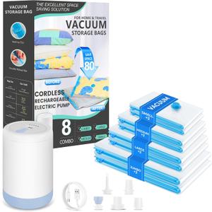 Vacuum Bags for Travel with Portable Electric Pump, 8 Pack Vacuum Seal Bags for Luggage and Suitcase Compression, Space Saver Vacuum Storage Bags for Clothes and Clothing Travel