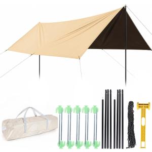 Waterproof Camping Tarp Hammock Rain Fly -14.7×14.7ft with 2 Poles, Tent Blackout UV Protection & Waterproof & Lightweight Tarp, for Camping, Outdoor, Traveling, Hiking (Quadrilateral, Gold), E-4.5x4.5m