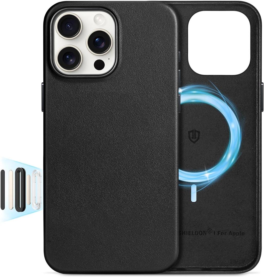 SHIELDON Genuine Leather Case for iPhone 16 Pro Max 6.9", [Camera Button Updated], Compatible with MagSafe, Magnetic Wireless Charging/Non-Slip/Shockproof/Metal Buttons/Camera Bump Frame Cover - Black