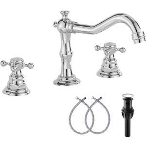 GGStudy Two Handles Three Holes Faucet 8-16 inch Widespread Bathroom Sink Faucet Chrome Basin Mixer Tap Matching Metal Pop Up Drain with Overflow
