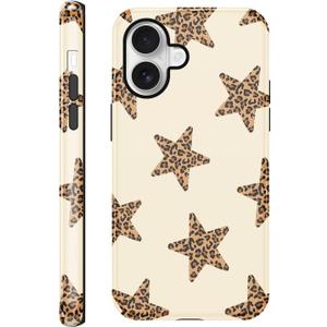 Cute Y2K Star Phone Case for iPhone 16 Cheetah Print Beige Case 6.1", Aesthetic Cool Leopard Pattern 2-in-1 Glossy Cover Shockproof Slim Soft TPU Hard PC Protection Girls Women Funda