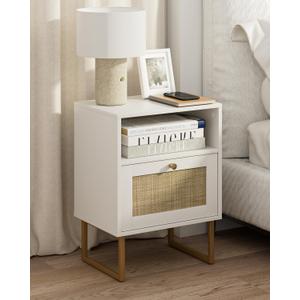 Masupu Rattan Nightstand,Modern Boho Farmhouse Wood Bedside Table with Storage Drawer and Open Shelf,Small Gold Frame Side End Table for Bedroom,Living Room,Office(White)