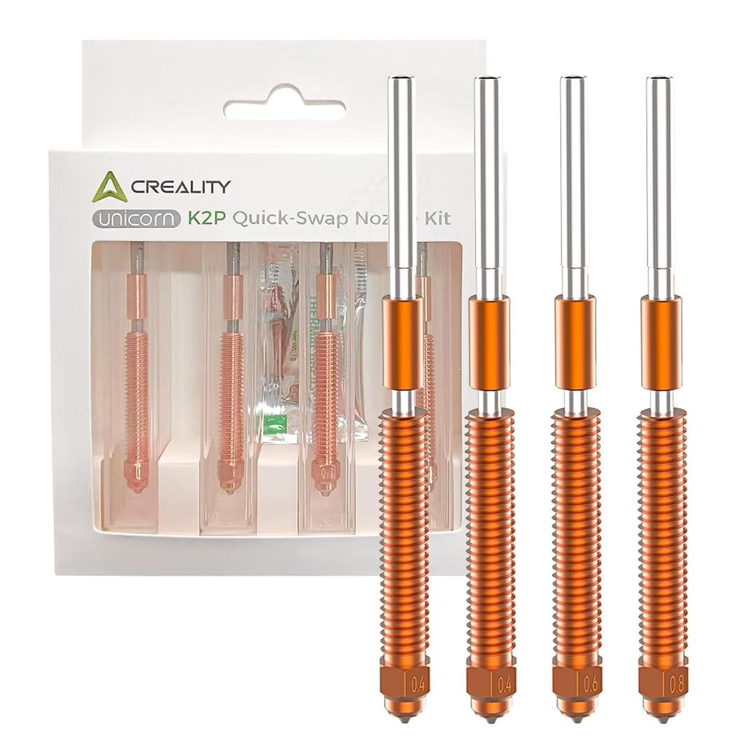 Creality 4PCS K2 Plus Nozzles, "Unicorn" K2P Quick-Swap Nozzle Kit 0.4mm, 0.6mm, 0.8mm with Titanium Alloy Heat Break, Copper Alloy and Hardened Steel for K2 Plus/Creality Hi/K2/K2 Pro 3D Printer