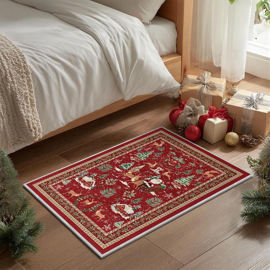 Artoid Mode Red Santa Claus Deer Christmas Door Mat, Winter Home Decor Low-Profile Non-Slip Washable Throw Rug for Kitchen Entryway Front Door Bedroom Bathroom 2x3 Feet