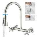 BEIYI Wall Mount Kitchen Faucet 8 Inch Center, 2 Handle Wall Mounted Kitchen Sink Faucet Brushed Nickel 360 Â° Swivel Spout Kitchen Faucet with Sprayer