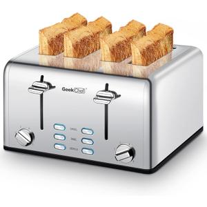 Toaster 4 Slice, Geek Chef Stainless Steel Toaster with Extra Wide Slots, 4 Slot Toaster with Bagel/Defrost/Cancel Function, Dual Control Panel of 6 Toasting Bread Shade Settings (11.5x10.43x7.09 inches)