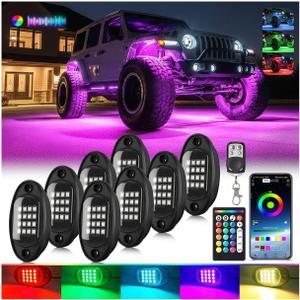8Pods RGB LED Rock Lights for Jeep Trucks Golf Cart ATV UTV RZR SUV Offroad, Multicolor Underglow Light Kit with APP/RF Remote Dual Zone Neon Vehicle Accent Underbody Light 12V Waterproof