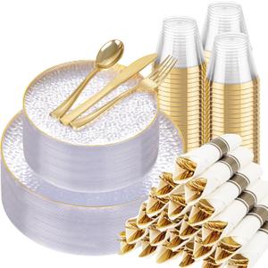 Hioasis 350pcs Clear Gold Plastic Plates - Clear Plastic Dinnerware Set Includes 50 Dinner Plate, 50 Dessert Plate, 50 Cups, 50 Napkins Perfect for Wedding & Party & Mothers Day