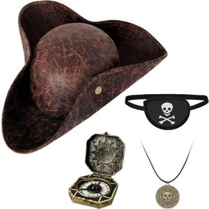 4PCS Pirate Hat,Renaissance Pirate Tricorn Hat with Eye Patch & Necklaces for Male Female Halloween Cosplay (Brown)