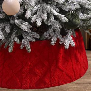 28 Inch Christmas Tree Collar Red Plush Faux Fur with Crossed Diamond Pattern, Soft Boho Xmas Tree Ring Tree Skirt for Christmas Artificial Trees Holiday Party Home Decor