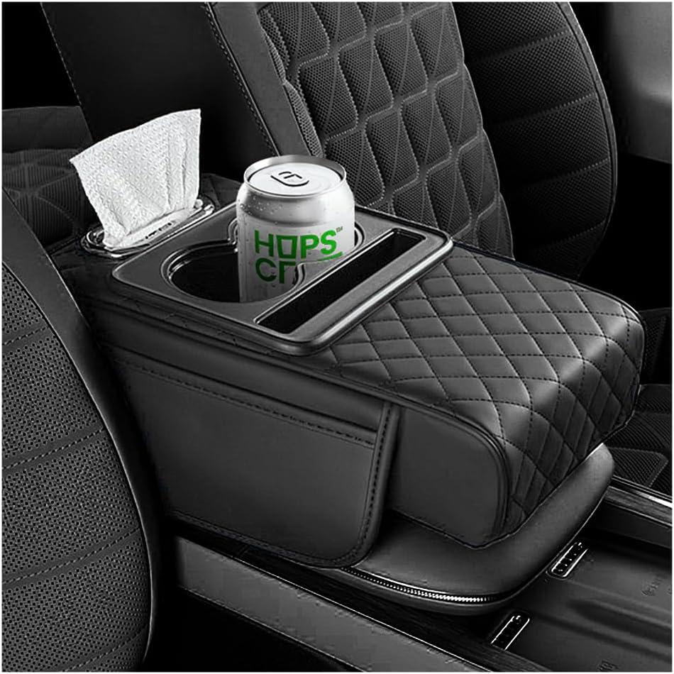 5-in-1 Car Center Console Cover, Multifunctional Arm Rest Cover for Car with Cup Holder, Phone Holder, Pocket, Car Tissue Holder, Leather Height Enhancement Car Armrest Cushion for Most Cars (Black)