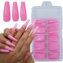 100pc Extra Long Pink Colored Coffin Press on Nails Ballerina False Fake Acrylic Nail Tips Full Cover Fingernail Designs Artificial Nails for Women Girls Salon Nail Art DIY (Pink)