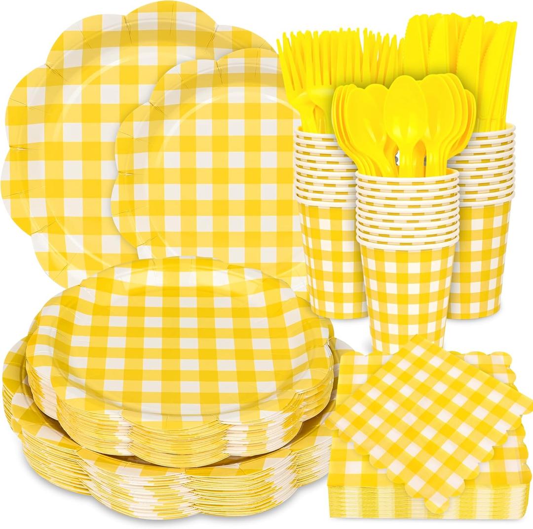 175 Pcs Yellow Gingham Plates and Napkins Party Supplies-Yellow and White Scalloped Paper Plates Disposable Plaid Cocktail Napkin Checkered Dinner Party Set for Wedding Baby ShowerServe 25 Guest
