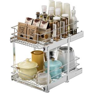 EZKAZA Pull Out Cabinet Organizer for Kitchen Utensil 14.5" W x 21" D, 2-Tier Cabinet Pullout Shelves and Drawer Organizer Slide Out Pantry Storage Basket, Bottom Basket 13.2" W x 20.4" D x 4.7" H