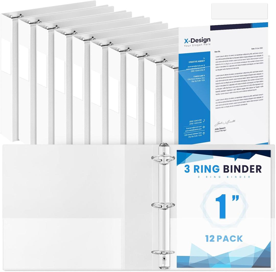 Henoyso 12 Pcs 3 Ring 1 Inch Binders Fits 8.5 x 11 Inch Letter Size Paper, Plastic White Flexible Binders with View Cover and 2 Pockets, 175 Sheets Capacity for Office School