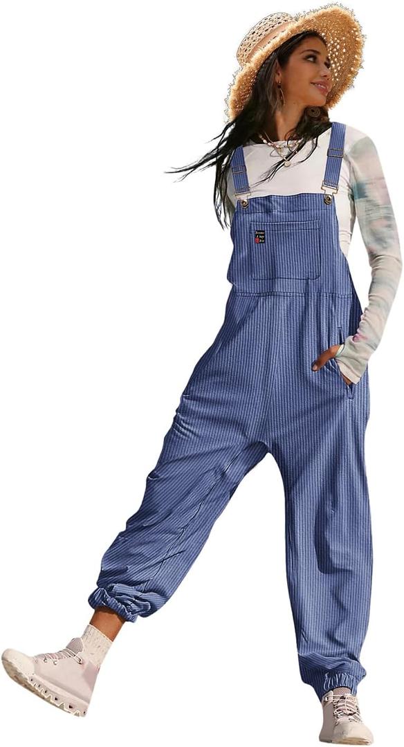 YESNO Women's Casual Corduroy Overalls Sleeveless Adjustable Straps Loose Harem Bib Jumpsuits for Women with Pockets PCL (Blue, XXXL)