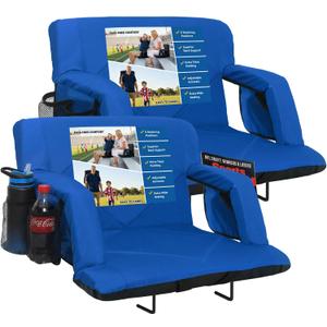 Sheenive Stadium Seats with Back Support (380 lbs) - 2.8'' Thick Comfy Cushion, 6 Adjustable Angles Bleacher Seat with Armrests - Includes Backpack Strap, Carry Handle, 2 Cup Holders & 2 Large Pockets, 24.5" Wide (Blue)