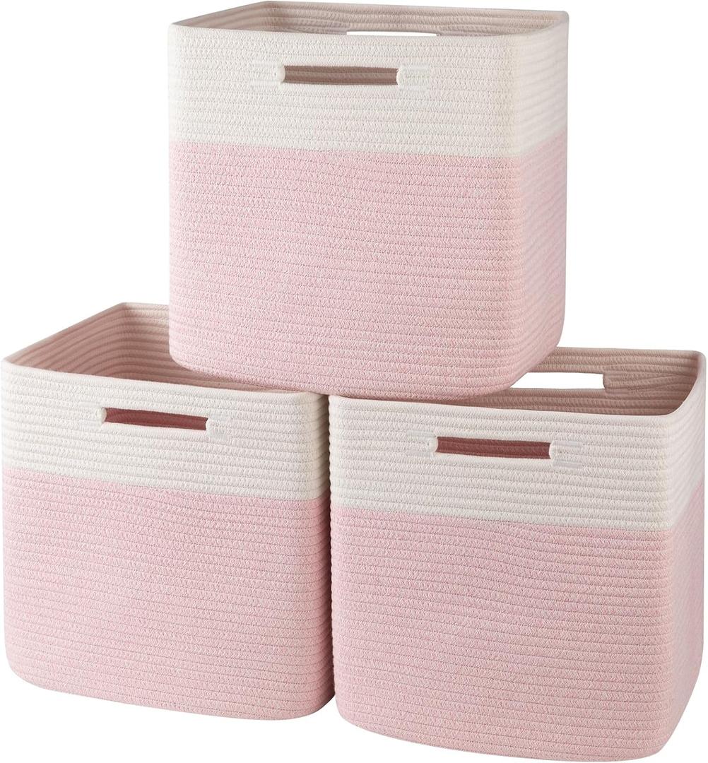 OIAHOMY 13 Inch Cube Storage Bins, 3-Pack Cotton Rope Woven Baskets for Organizing, Insert Storage Baskets for Shelves, Baby Nursery, Closet Organizer, 13 * 13 * 12.6IN, Pink & White