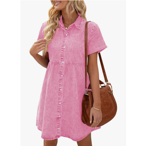 LookbookStore Women's Short Sleeve Button Down Flowy Tiered Babydoll Denim Dress 2XL