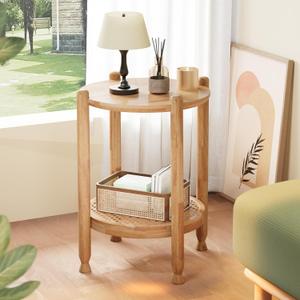 Yvhexor Solid Wood Round End Table with Rattan Shelf, 2-Tier Side Table for Living Room, Farmhouse Boho Accent Furniture, Easy Assembly, Natural Wood