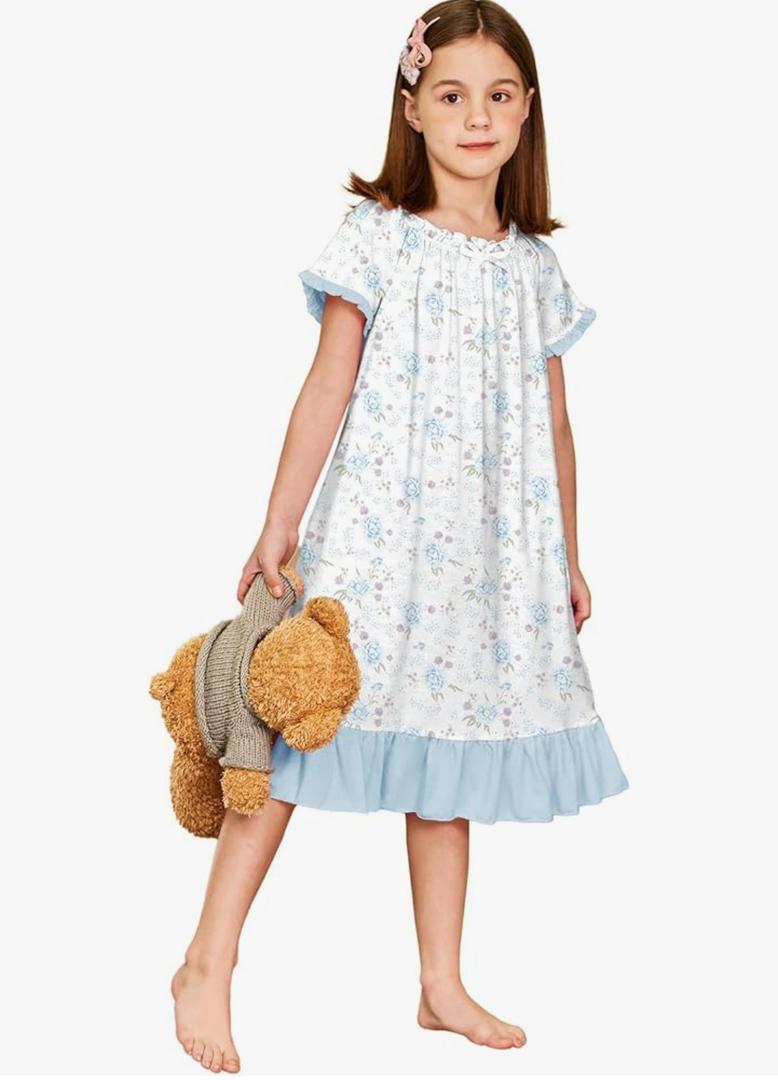 Arshiner Girls Nightgowns Sleepwear Short Sleeve Victorian Pajama Dress Soft Princess Sleepshirt for 3-12 Years Kids, 110