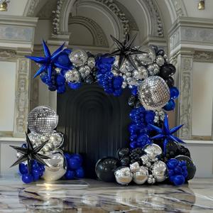 royal blue and black silver disco balloon garland arch kit 170+pcs with 4D disco ball diy Star balloons mylar balloon for Birthday graduations Prom disco party decorations