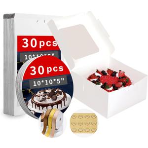 Zzrywuty White 10x10x5 Inches Cake Box with Cake Boards (60Pcs, 30Pcs Boxes and 30Pcs Boards), Bakery Boxes with Clear Window for Cake, Dessert, Cookie, Birthday, Party, Wedding