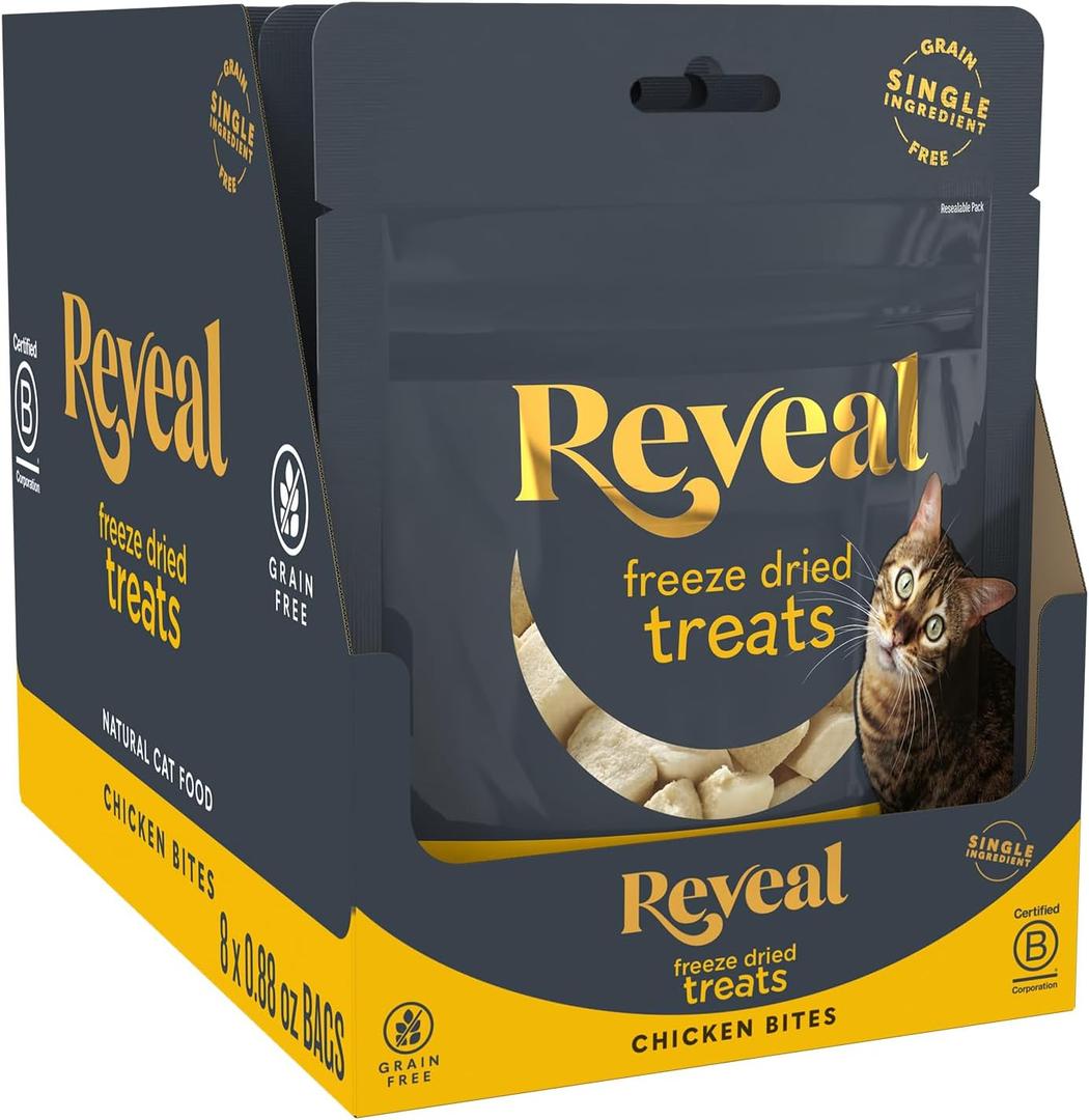 Reveal Natural Freeze-Dried Cat Treats, Single Ingredient, Grain Free, High Protein, Perfect for Training, Treating or Snacking, Chicken Breast Bites (8 x 0.88 oz Bags) (EXP 01/26/28)