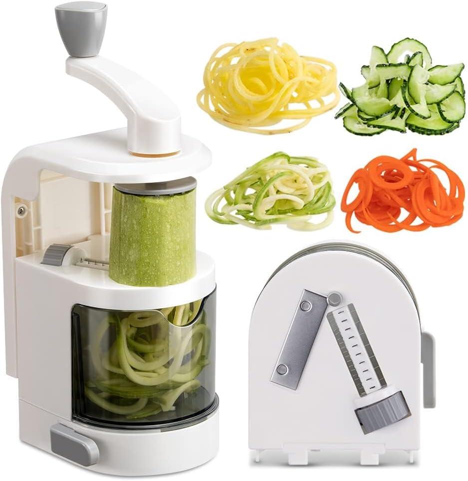 Vegetable Spiralizer 4-IN-1 Rotating Blade Veggie Spiralizer Zucchini Noodle Maker with Strong Suction Cup Spiral Vegetable Cutter Slicer - White