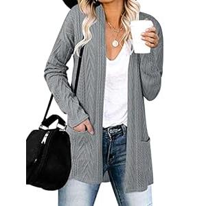 MEROKEETY Women's Casual Long Sleeve Open Front Cable Knit Cardigans Lightweight Solid Color with Pockets, Grey, S