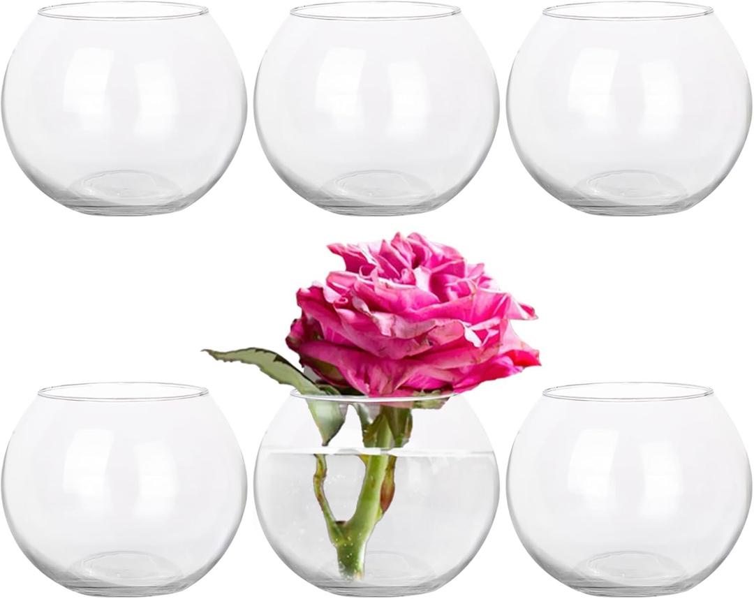 Set of 6 Clear Glass Vases, 4.7 W x 3.5 H, Round Candle Holders, Bubble Bowl, Flower Vases with Sponge Brush, Decorative Centerpieces for Wedding Home Decor